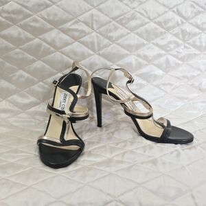 Jimmy Choo Black and Gold Strappy Stiletto Sandals